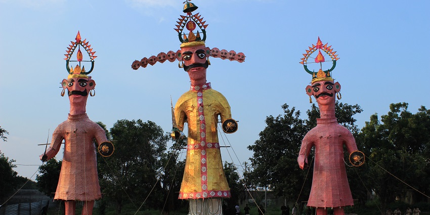 An image of the effigy of Rawan, prepared for Dussehra Dehen, with traditional celebrations.