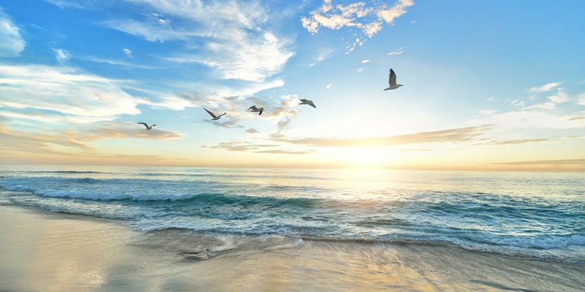 Picturesque view of the waves crashing the sandy shoes with the clear blue sky above it