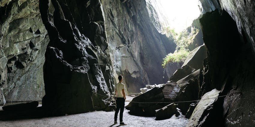 Edakkal caves with big rocks, green grass and trees growing on the rocks of the caves