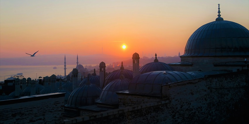 Mosque domes silhouetted against a sunrise sky with a distant sea and flying bird.