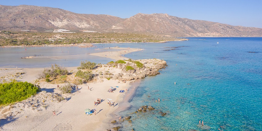 Aerial view of the Elafonissi Beach shows the mesmerising beauty of the surroundings, making it one of the best white sand beaches in the world.