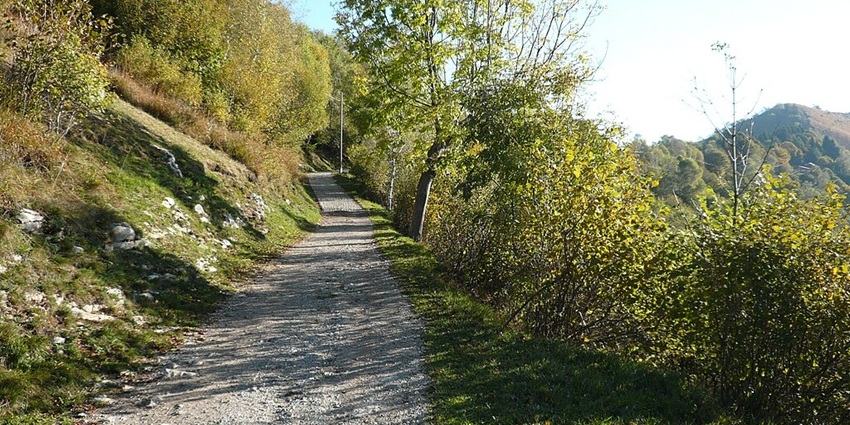 A hiking trail near Lake Como is surrounded by rugged peaks and forested slopes.