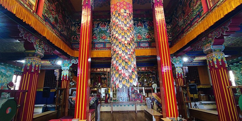 Intricate works in the interiors of Tharpa Choling Monastery in Kalimpong, West Bengal.