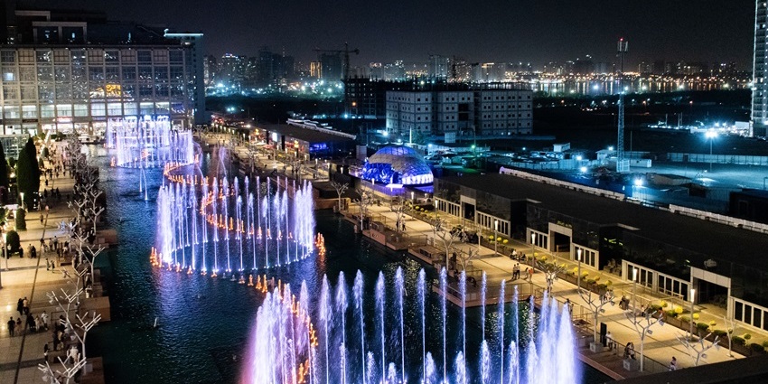 Musical fountains at Iran Mall with water jets, lights, and elegant architectural decor