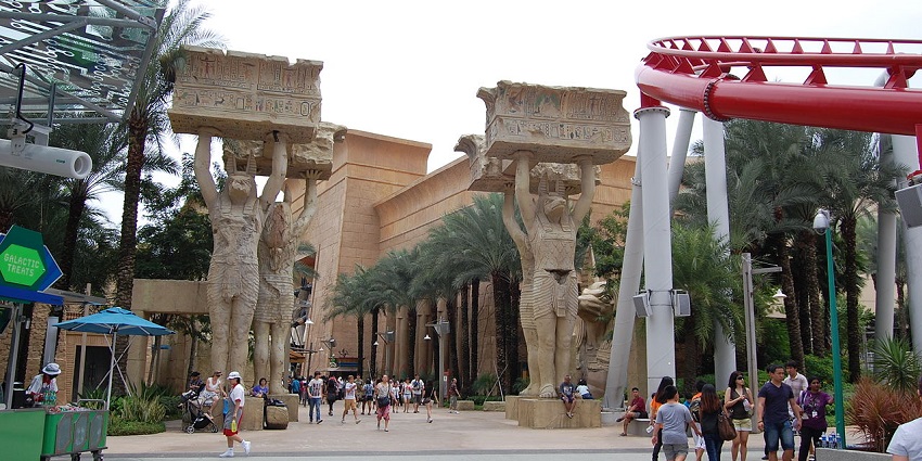 Ancient Egypt zone at Universal Studios Singapore featuring massive statues and ruins.