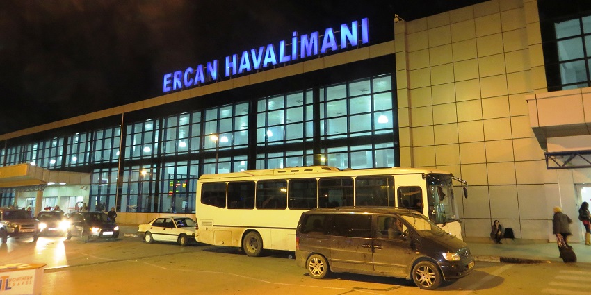 Ercan Airport terminal and its runway, under clear blue skies, among airports in Cyprus in Northern Cyprus.