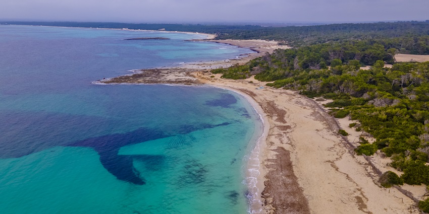 A pristine, unspoiled beach with white sand and crystal-clear Mediterranean waters