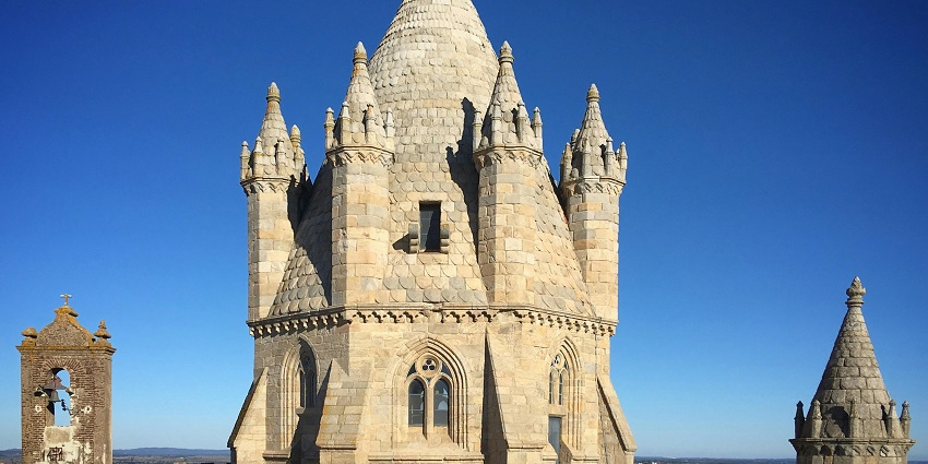 The tower of the Evora Cathedral in Evora, one of the places to visit in Portugal
