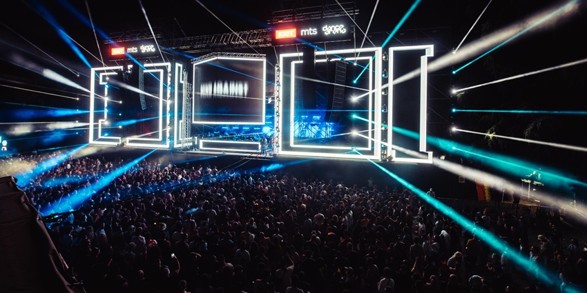 A view of the lights on the stage during the performances at the Exit Music Festival.