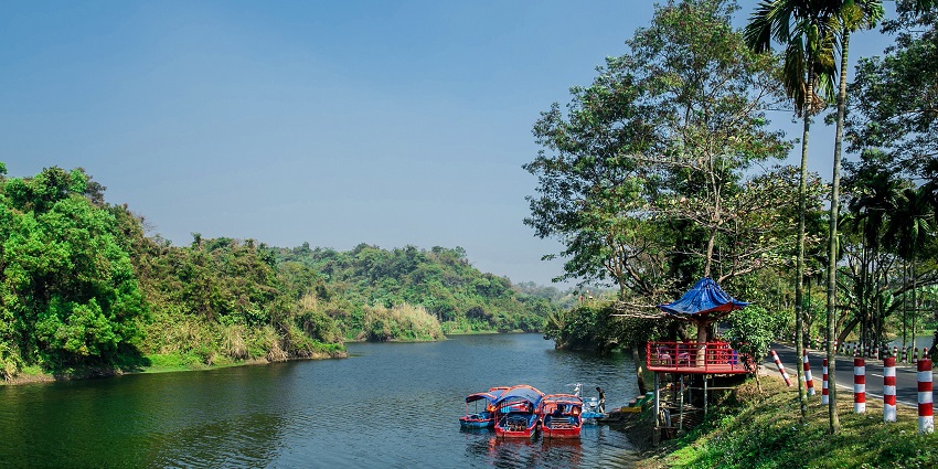 Boat riding point with multiple boats parked on a lake surrounded by greenery trees.