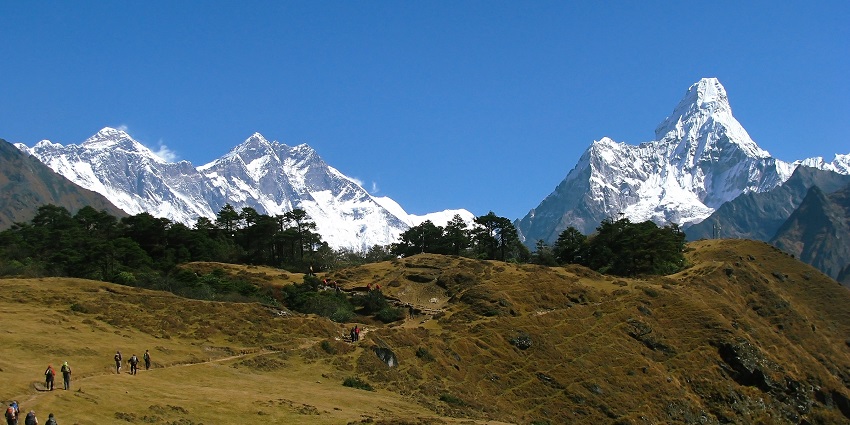 Trekking through the lush greenery and rugged trails surrounded by snow-covered mountains.