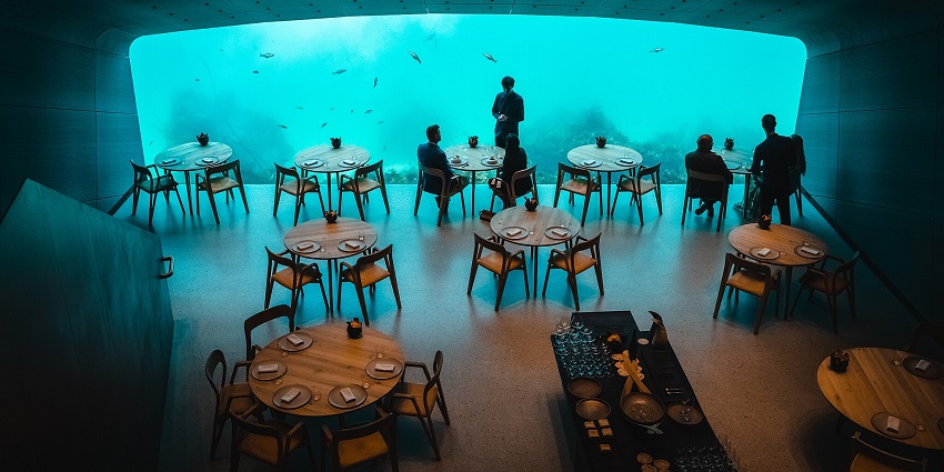 Things to do in the Maldives in April include enjoying a luxurious meal beneath the ocean, surrounded by panoramic marine views.