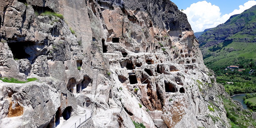 Ancient cliffside monastery complex with caves and frescoes in Georgia