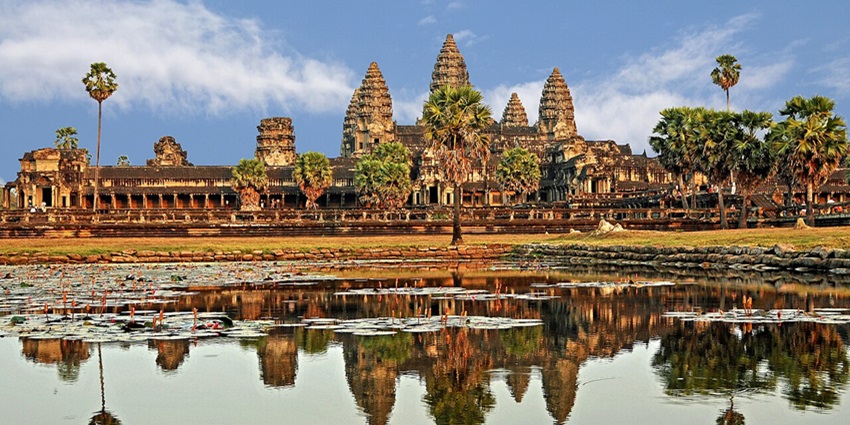 Angkor Wat's reflection in water, a famous place for things to do in Cambodia in January.