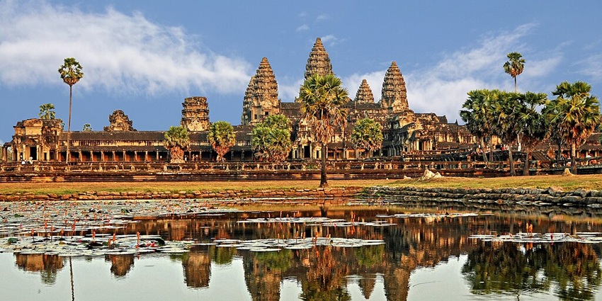 An image of Angkor Wat's reflection in water,a top place in things to do in Cambodia in March.