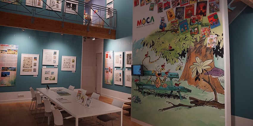 Exterior of the Museum of Comic Art (MoCA) in Noordwijk with galleries and outdoor art.