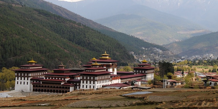 A beautiful view of the mountains from the valley at the clock tower square in Thimphu