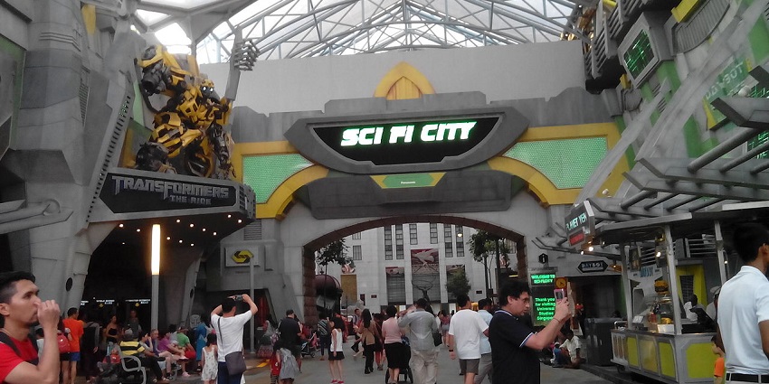 Sci-Fi City zone at Universal Studios Singapore featuring Transformers The Ride entrance.