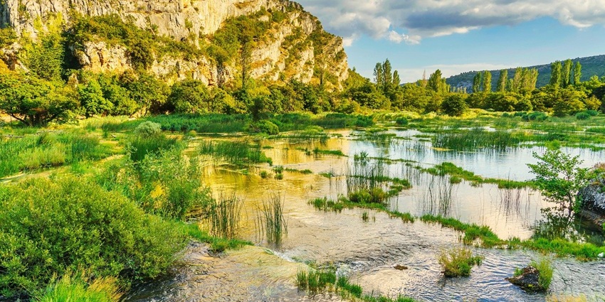 River surrounded by lush greenery and a hill - one of the lakes in Oshawa, Canada.