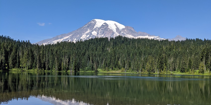 Iconic View of Mt. Rainier by Reflection Lake, Mt. Rainier National Park in summer