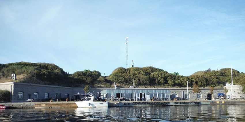 A view of the restaurant surrounded by the island at the famous Flakfortet water fort
