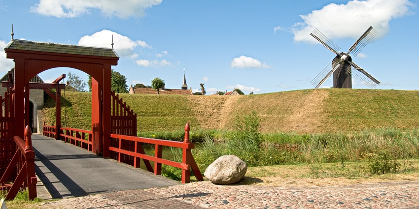 Inside view of Fort Bourtange complex, showcasing its star-shaped design and historic layout