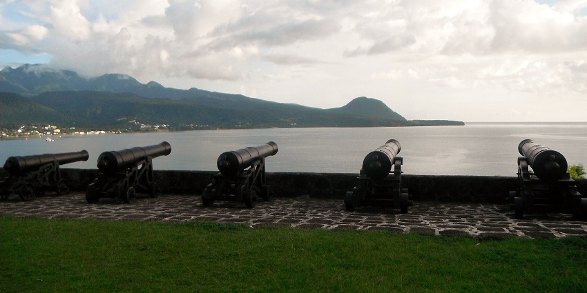 An aerial view of Fort Shirley from a mountain, showing the fort’s defensive structures
