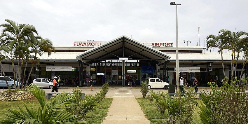 The main terminal of Fua’amotu International Airport is surrounded by a well-maintained garden.