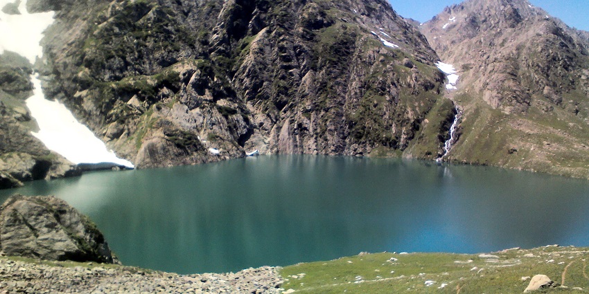 Gadsar lake with a small blue water body and surrounded by hills partially covered in snow
Viewers of this file can see comments and suggestions