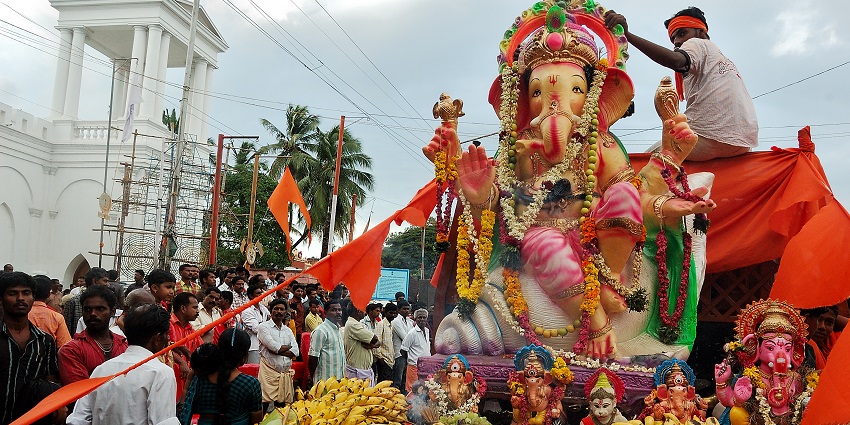 An image of the lively Ganesh Chaturthi festivities, celebrating the birth of Lord Ganesh.