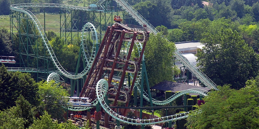 Visitors enjoy rides and attractions at Gardaland, one of the top theme parks in Europe