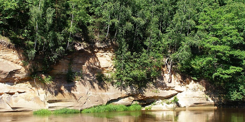 Viewing the sandstone cliffs, lush forests, and calm river in Gauja National Park, Latvia.