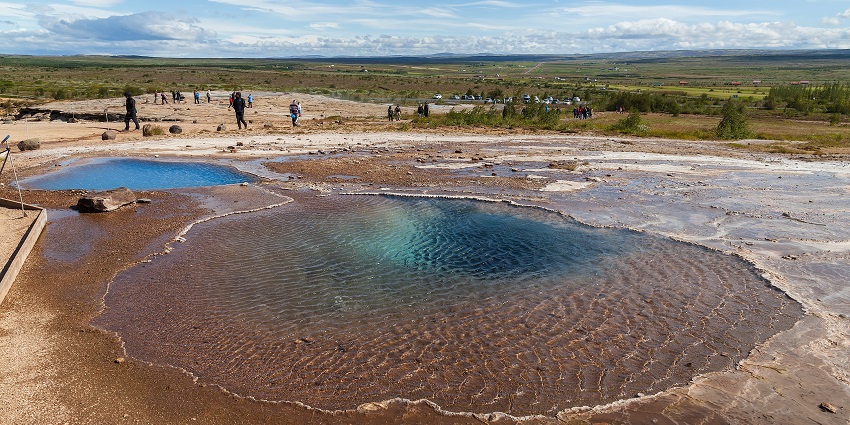 The Geysir Hot Springs area is known for its natural hot spring geysers in Iceland.