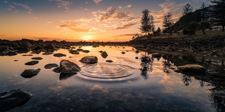 An image view of Gharana Wetland with beautiful sunset and rocks around.