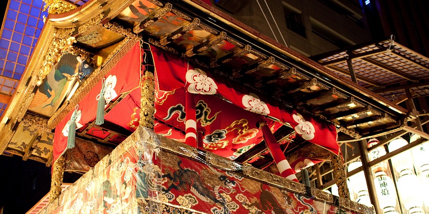Neon lightings at a stadium during Gion Matsuri, one of Japan's festivals in rainy season