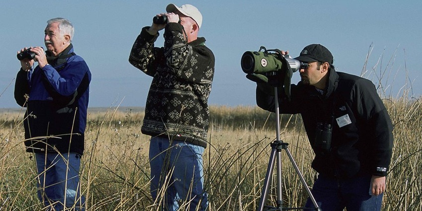 An image of a group of men standing with their binoculars and telescope for birdwatching.