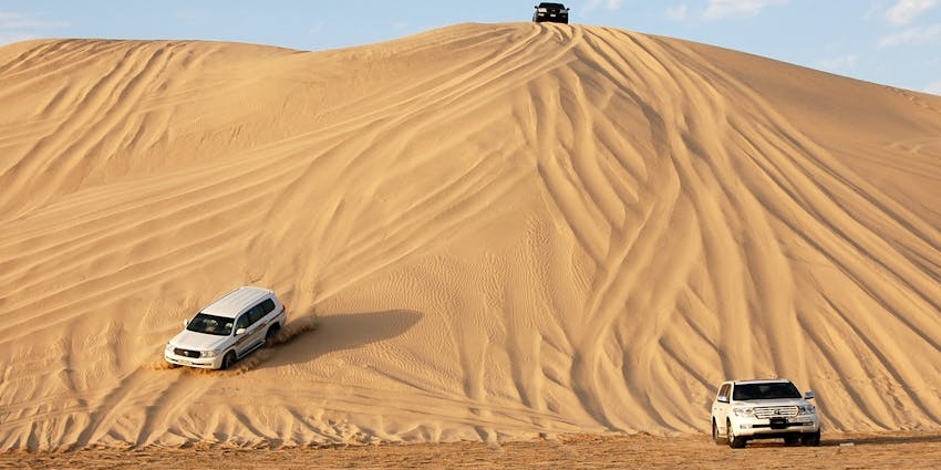 View from the Gobi desert safari in Mongolia with its soft golden sand under the blue sky