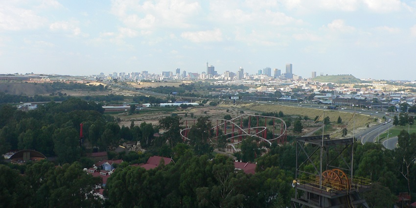 An aerial view of the Gold Reef City in Johannesburg shows its lush green complex.