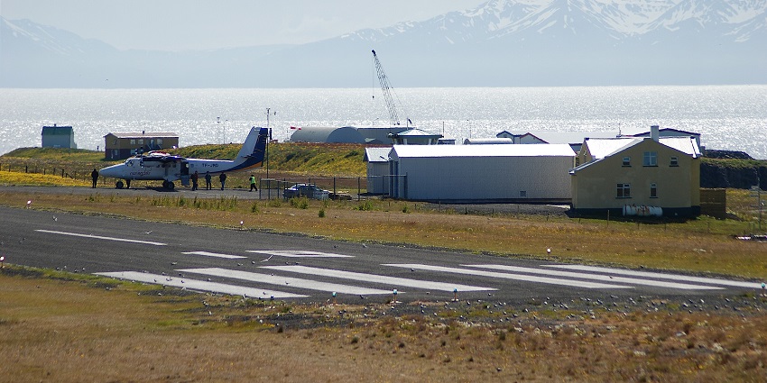 Grímsey Airport in Iceland, with its short runway and the island's green terrain.
