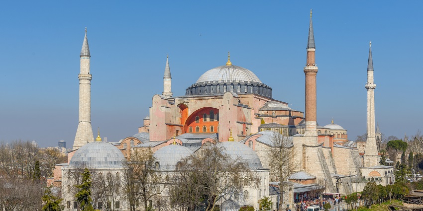 The majestic dome and minarets of Hagia Sophia in Istanbul.