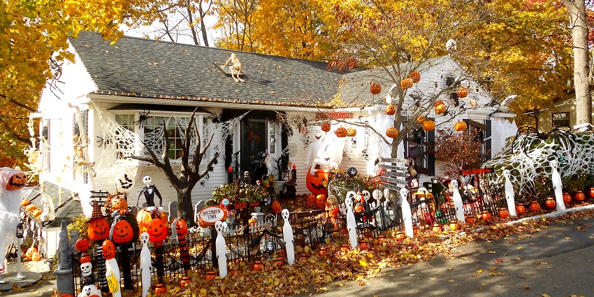 A view of the spooky decorations made outside a house during the Halloween festival.
