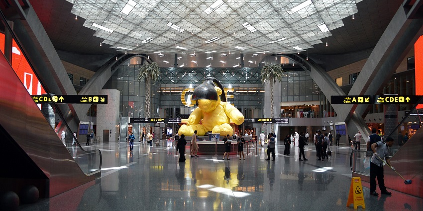A lamp bear at the grand terminal area of the Hamad International Airport in Doha