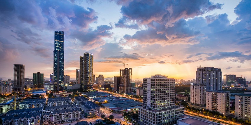 A view of skyscrapers in Hanoi, one of the best places to visit in Vietnam in May.