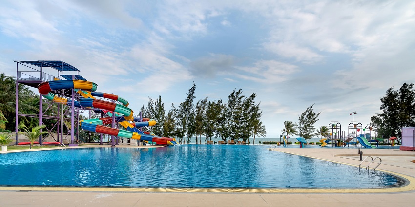 Colourful slides with large swimming pools at Happy Valley Water park.