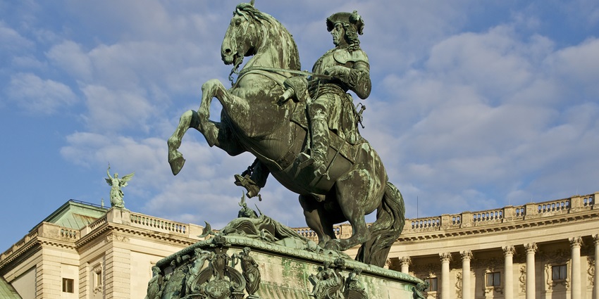 Equestrian statue of Prince Eugene of Savoy at Heldenplatz, Vienna, with ornate pedestal.