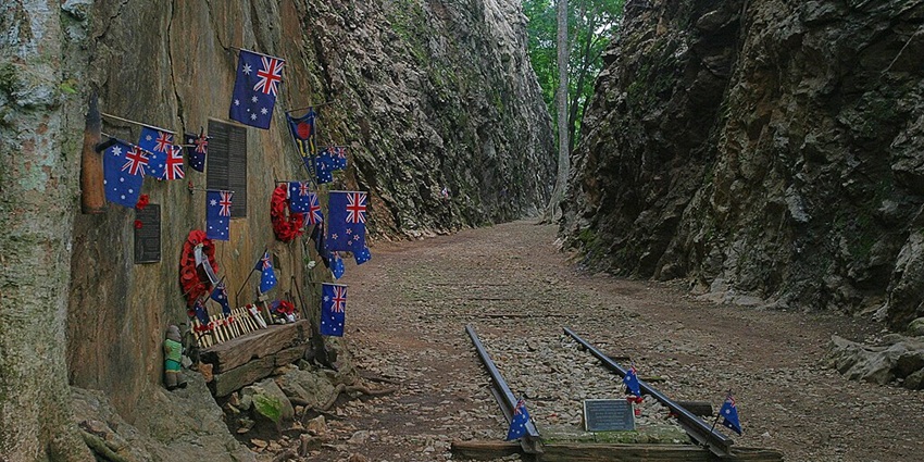 The railway track monument at Hellfire Pass commemorates wartime history and sacrifices.
