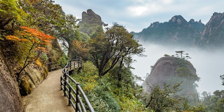Mountain bridge stretching across a valley, framed by lush green hills and misty clouds