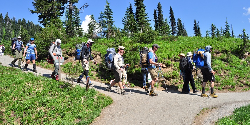 Image of Climbers coming down the Skyline Trail into the Paradise Historic District in Mount Rainier