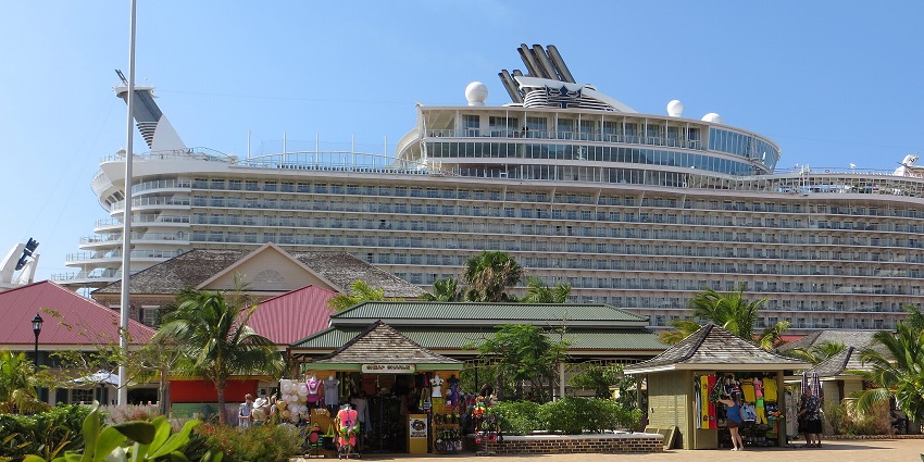 An image of a large cruise ship docked at the Falmouth Cruise Port, one of the best places to visit in Falmouth.