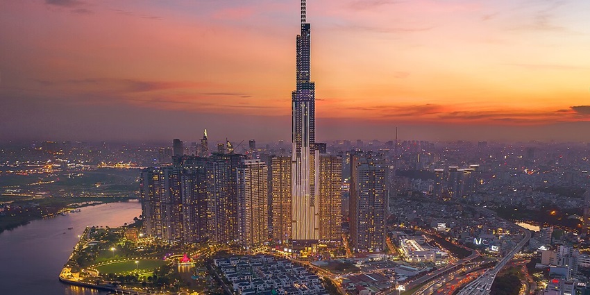 An image showing a panoramic view of Ho Chi Minh City's urban landscape and buildings.